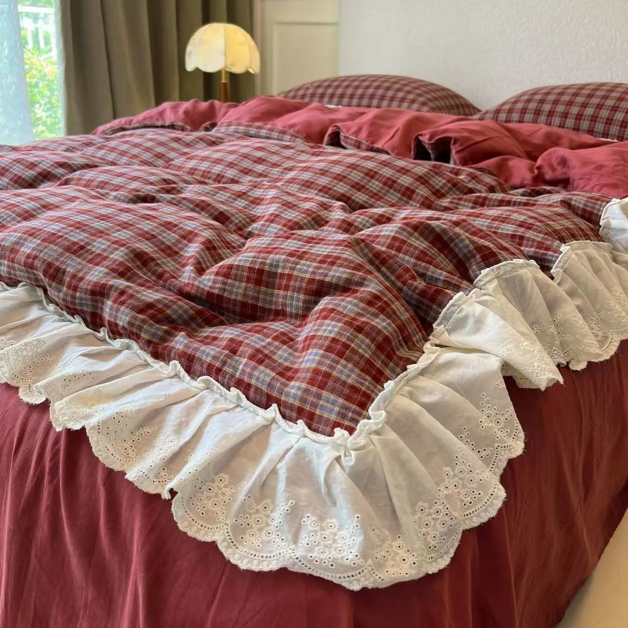 Korean-Style Red Plaid Washed  - مراجعة Vintage Home Textiles وسعره