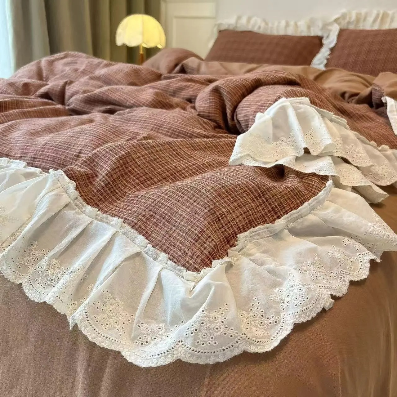 Korean-Style Red Plaid Washed  - مراجعة Vintage Home Textiles وسعره